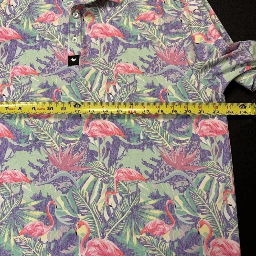 Bad Birdie Performance Polo Shirt‎ Men's XL Flamingo All Over Print Floral Golf